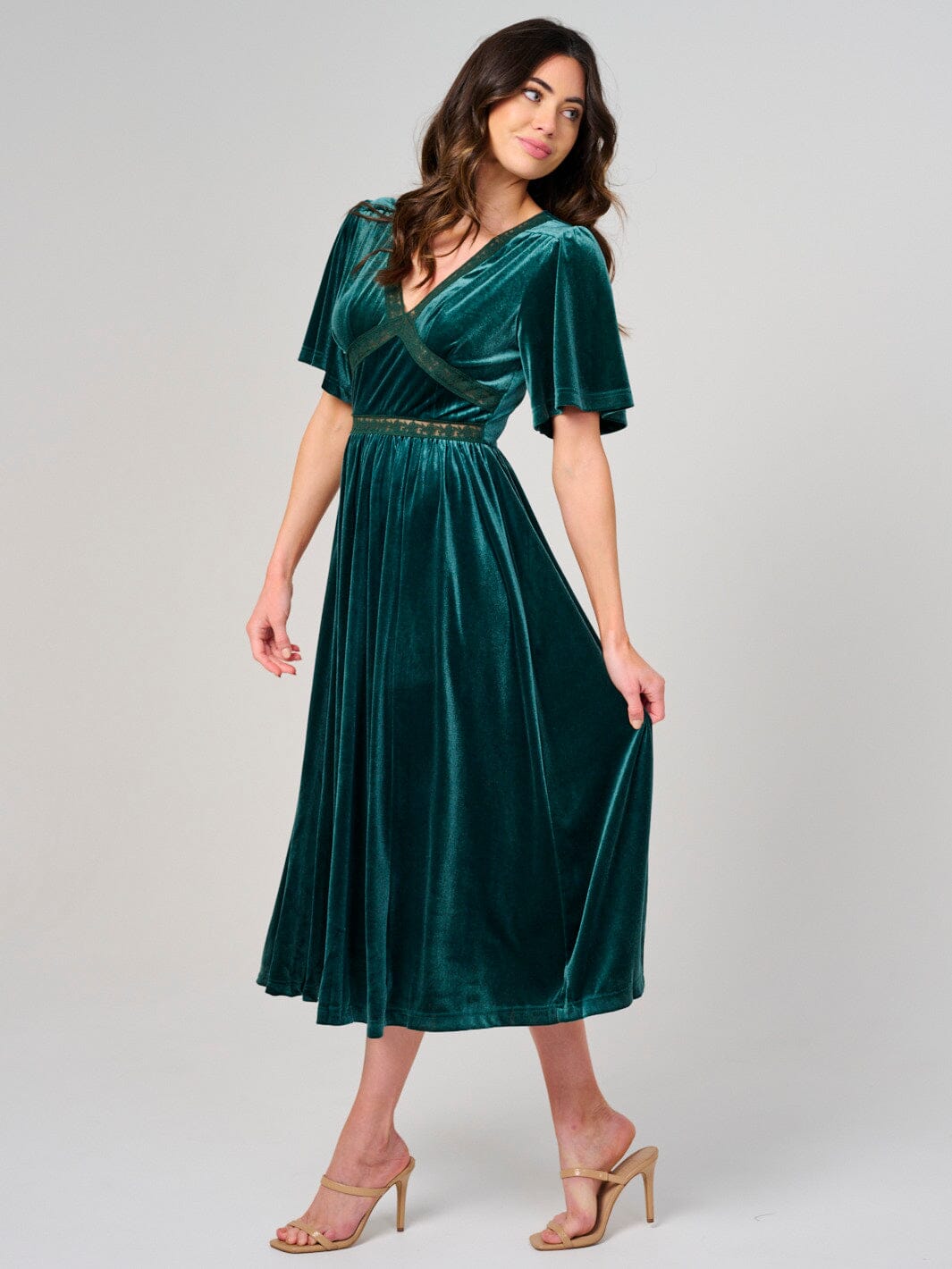 WOMEN'S SHORT SLEEVE V-NECK LACE VELVET MAXI DRESS