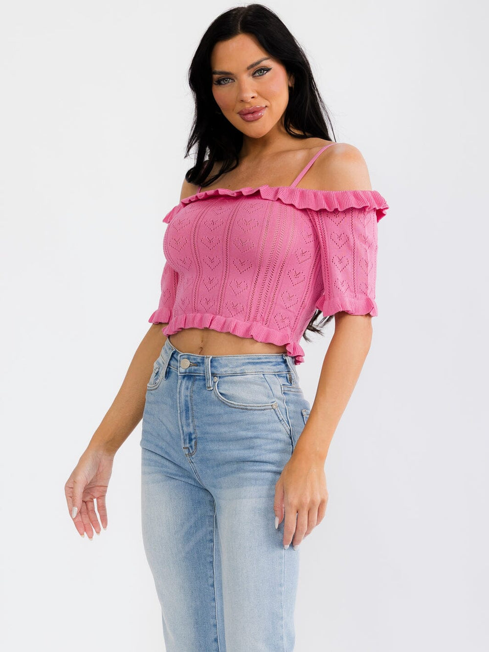WOMEN'S COLD SHOULDER POINTELLE HEART KNIT TOP