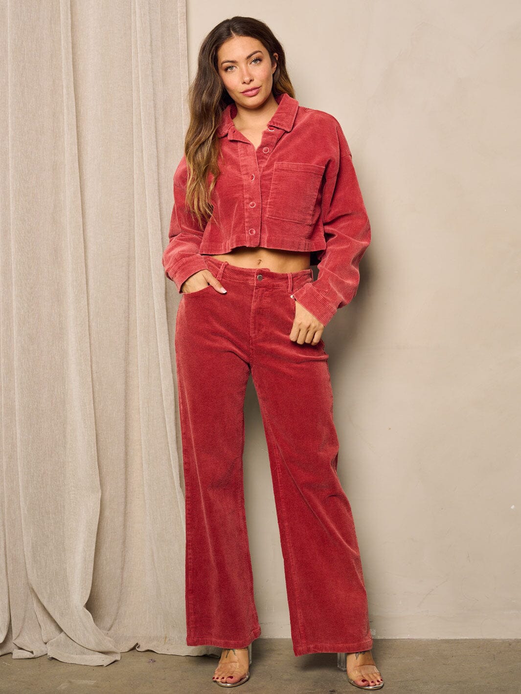 WOMEN'S LONG SLEEVE BUTTON UP TOP & PANTS 2PC. CORDUROY SET