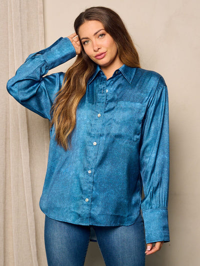 WOMEN'S LONG SLEEVE FRONT POCKET BUTTON UP WASHED BLOUSE TOP