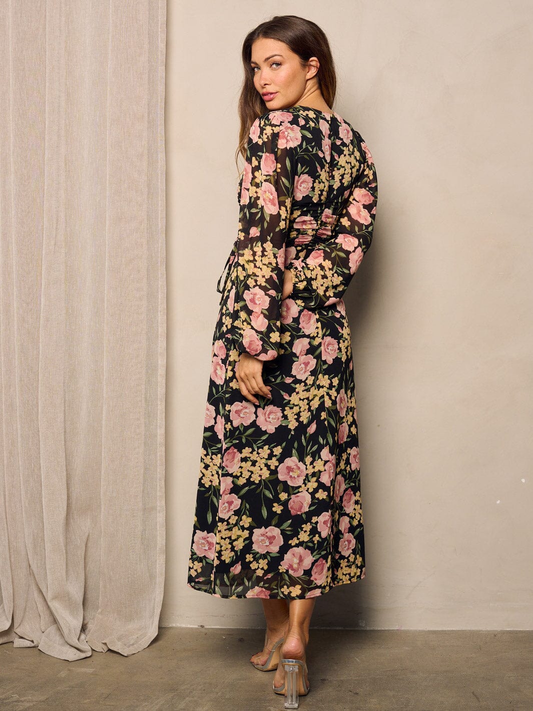 WOMEN'S LONG PUFF SLEEVE SIDE RUCHED MAXI DRESS