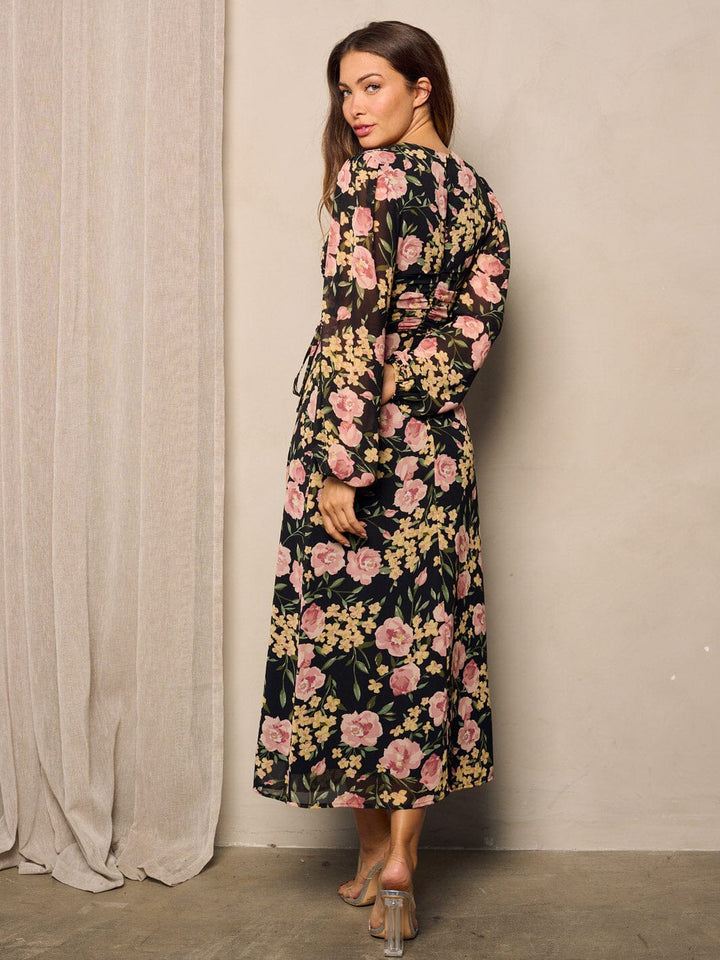 WOMEN'S LONG PUFF SLEEVE SIDE RUCHED MAXI DRESS