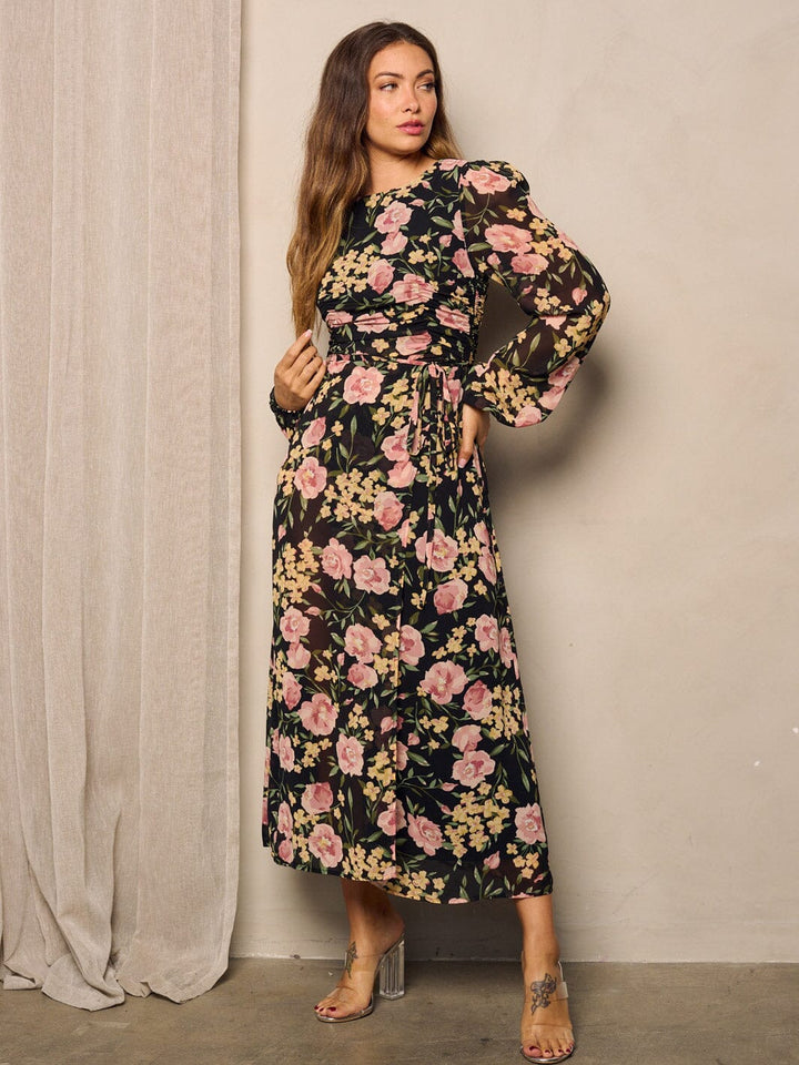 WOMEN'S LONG PUFF SLEEVE SIDE RUCHED MAXI DRESS