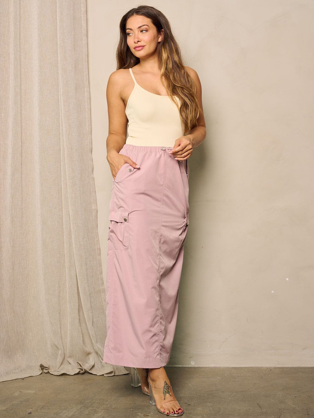 WOMEN'S ELASTIC WAIST POCKETS MAXI CARGO SKIRT