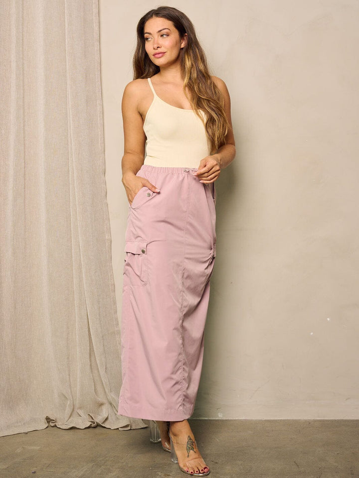 WOMEN'S ELASTIC WAIST POCKETS MAXI CARGO SKIRT