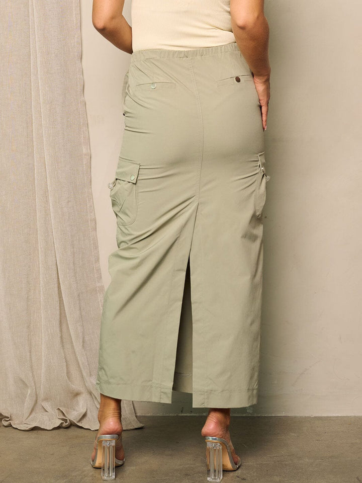 WOMEN'S ELASTIC WAIST POCKETS MAXI CARGO SKIRT