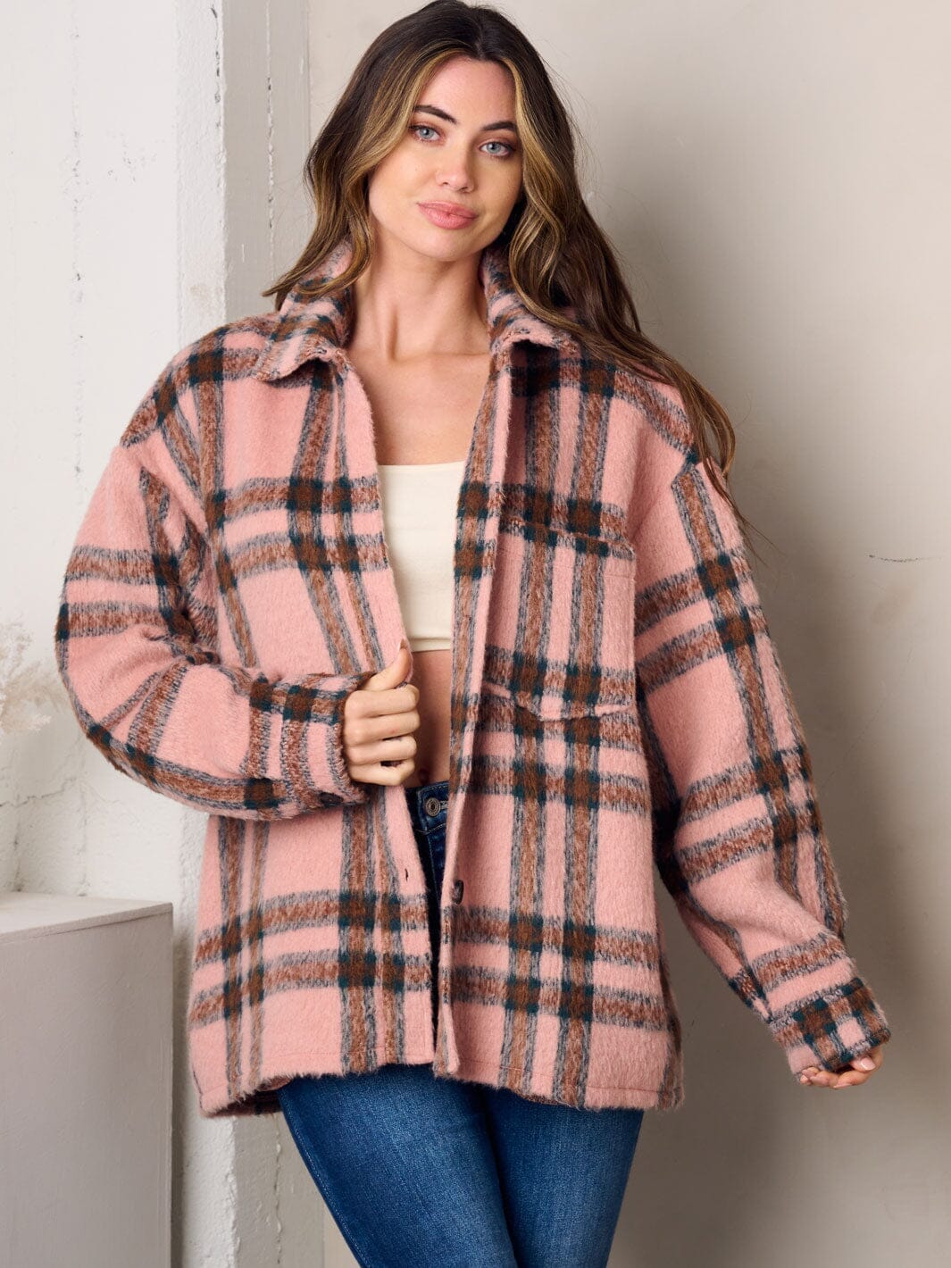 WOMEN'S LONG SLEEVE BUTTON UP FLEECE PLAID JACKET