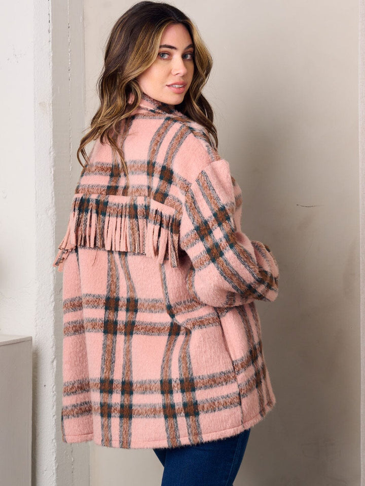 WOMEN'S LONG SLEEVE BUTTON UP FLEECE PLAID JACKET