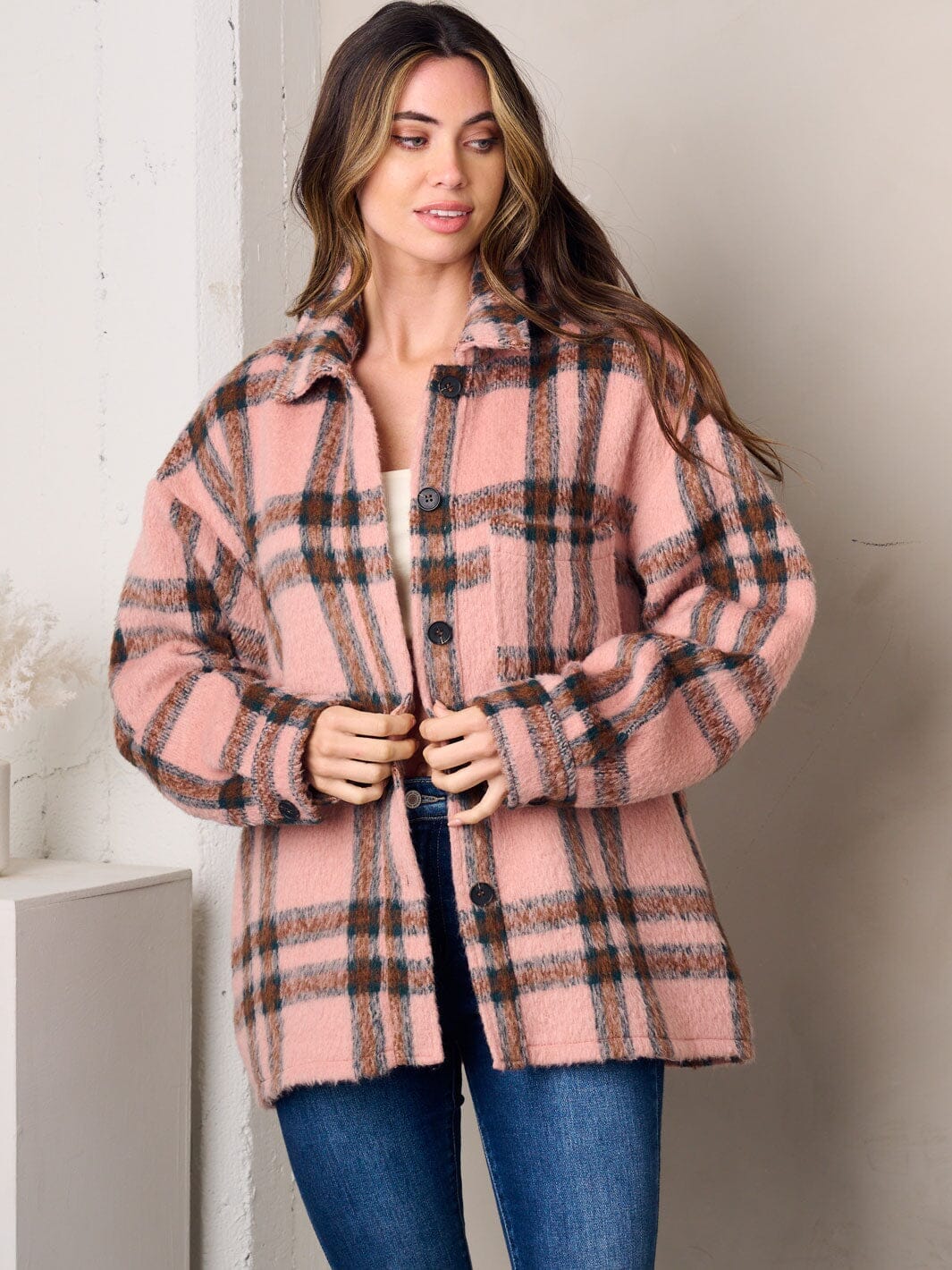 WOMEN'S LONG SLEEVE BUTTON UP FLEECE PLAID JACKET
