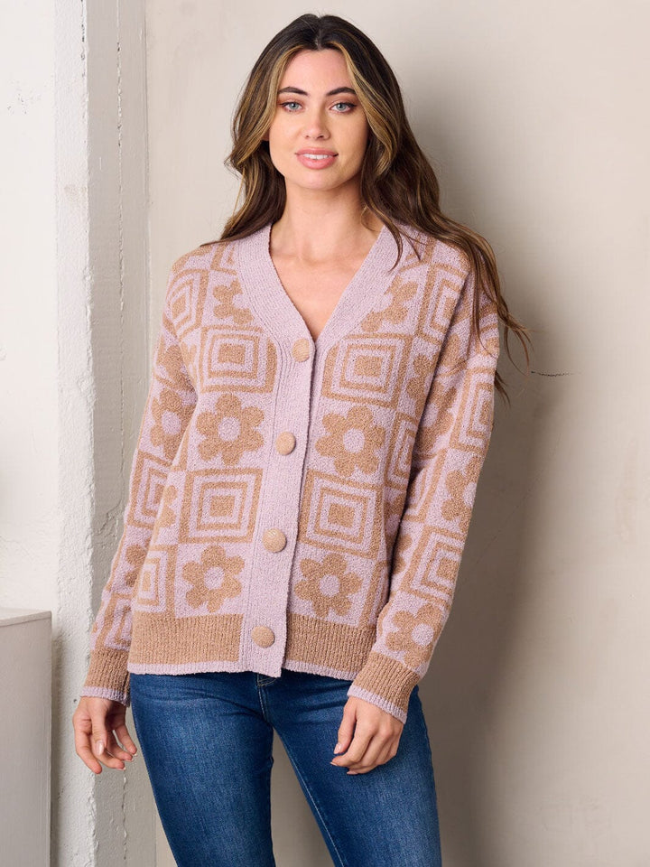WOMEN'S LONG SLEEVE BUTTON UP MULTI PRINT SWEATER