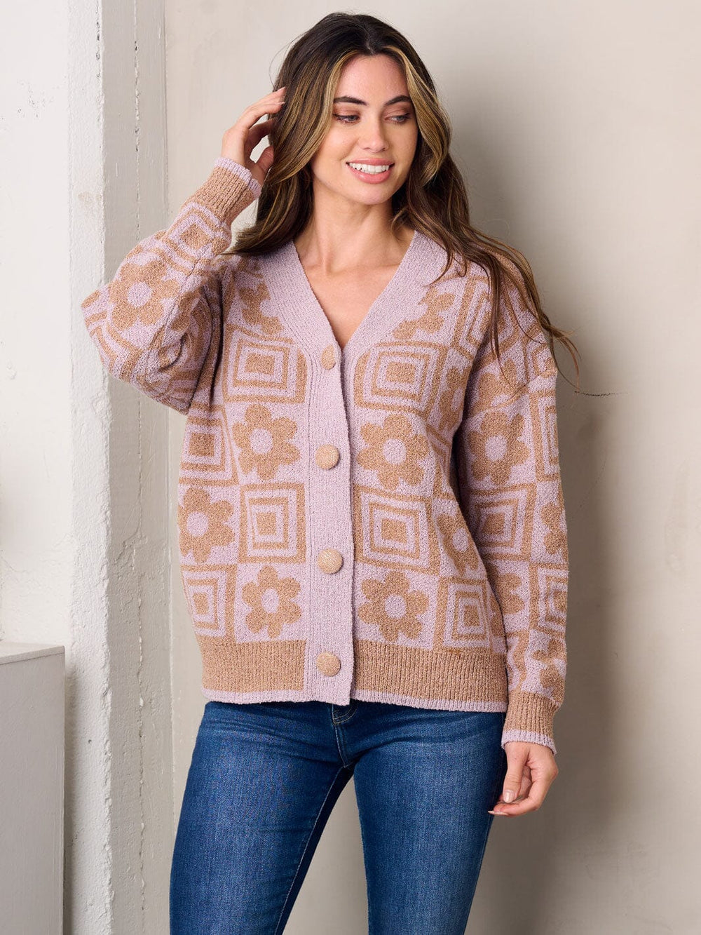 WOMEN'S LONG SLEEVE BUTTON UP MULTI PRINT SWEATER