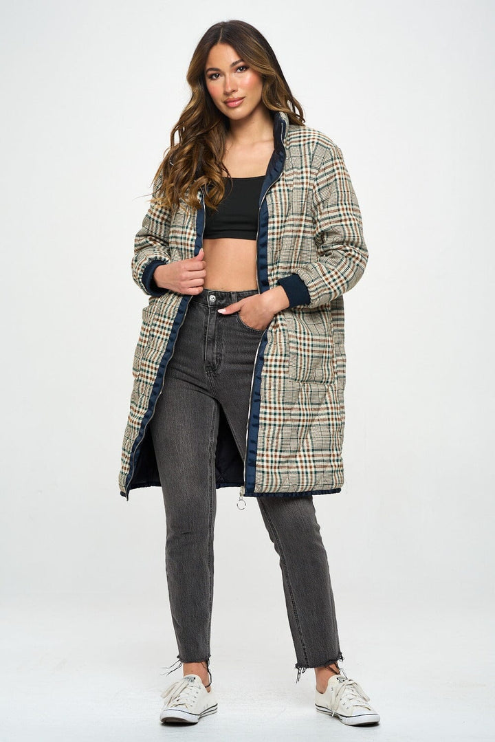 WOMEN'S LONG SLEEVE ZIP UP POCKETS PLAID REVERSIBLE JACKET