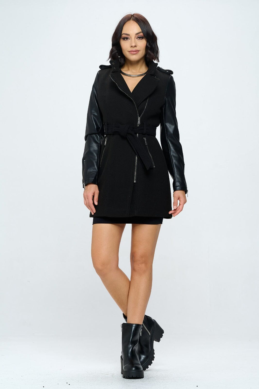 PLUS SIZE LONG SLEEVE ZIP UP POCKETS SELF TIE PU PLEATHER DETAILED COAT