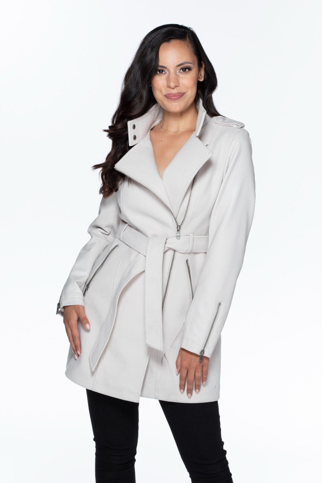 PLUS SIZE LONG SLEEVE ZIP UP POCKETS SELF TIE PU PLEATHER DETAILED COAT