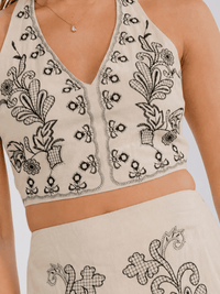WOMEN'S HALTER NECK TOP & ZIP UP MINI SKIRT FLOWER EMBROIDERY 2PC. SET
