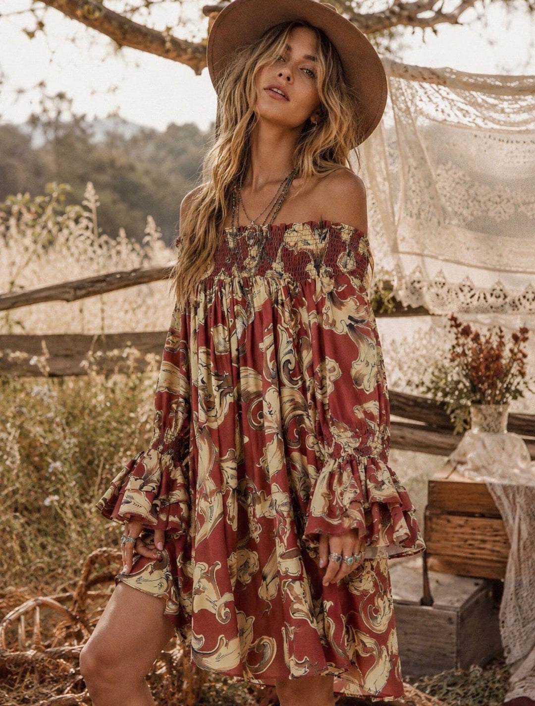 WOMEN'S LONG BELL SLEEVE OFF SHOULDER TUNIC MULTI PRINT MINI DRESS