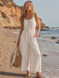 WOMEN'S SLEEVELESS SQUARE NECK FRONT POCKETS ELASTIC WAIST WIDE LEG JUMPSUIT