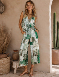 WOMEN'S SLEEVELESS V-NECK SURPLICE POCKETS MULTI PRINT JUMPSUIT