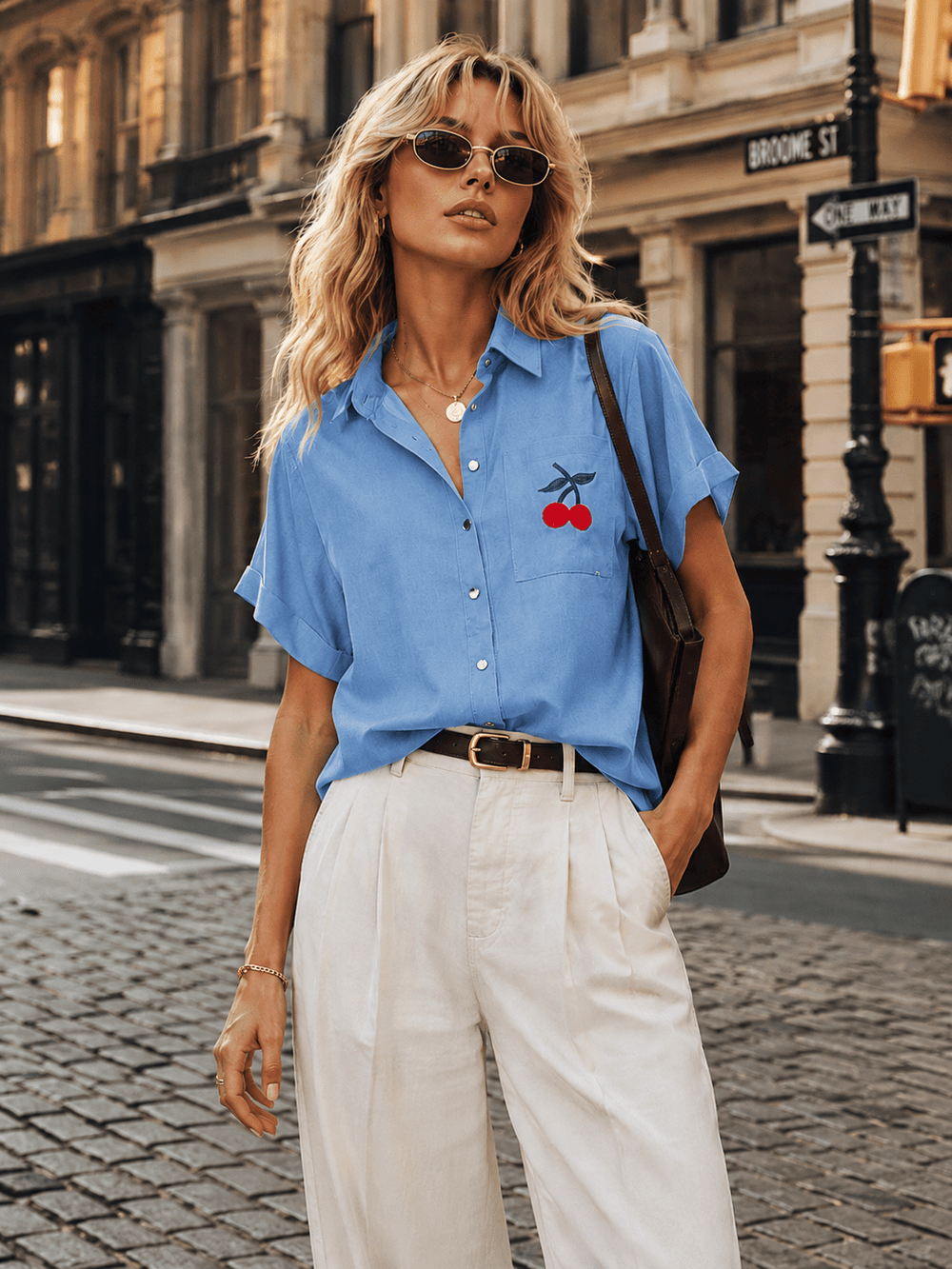 WOMEN'S SHORT SLEEVE BUTTON UP FRONT POCKET CHERRY BLOUSE