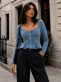 WOMEN'S LONG SLEEVE BACK TIE DENIM PEPLUM STRETCH DENIM TOP