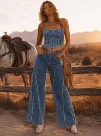 WOMEN'S SLEEVELESS CROP TOP & BUTTON CLOSURE WIE ELEG PANTS DETAILED DENIM 2PC. SET
