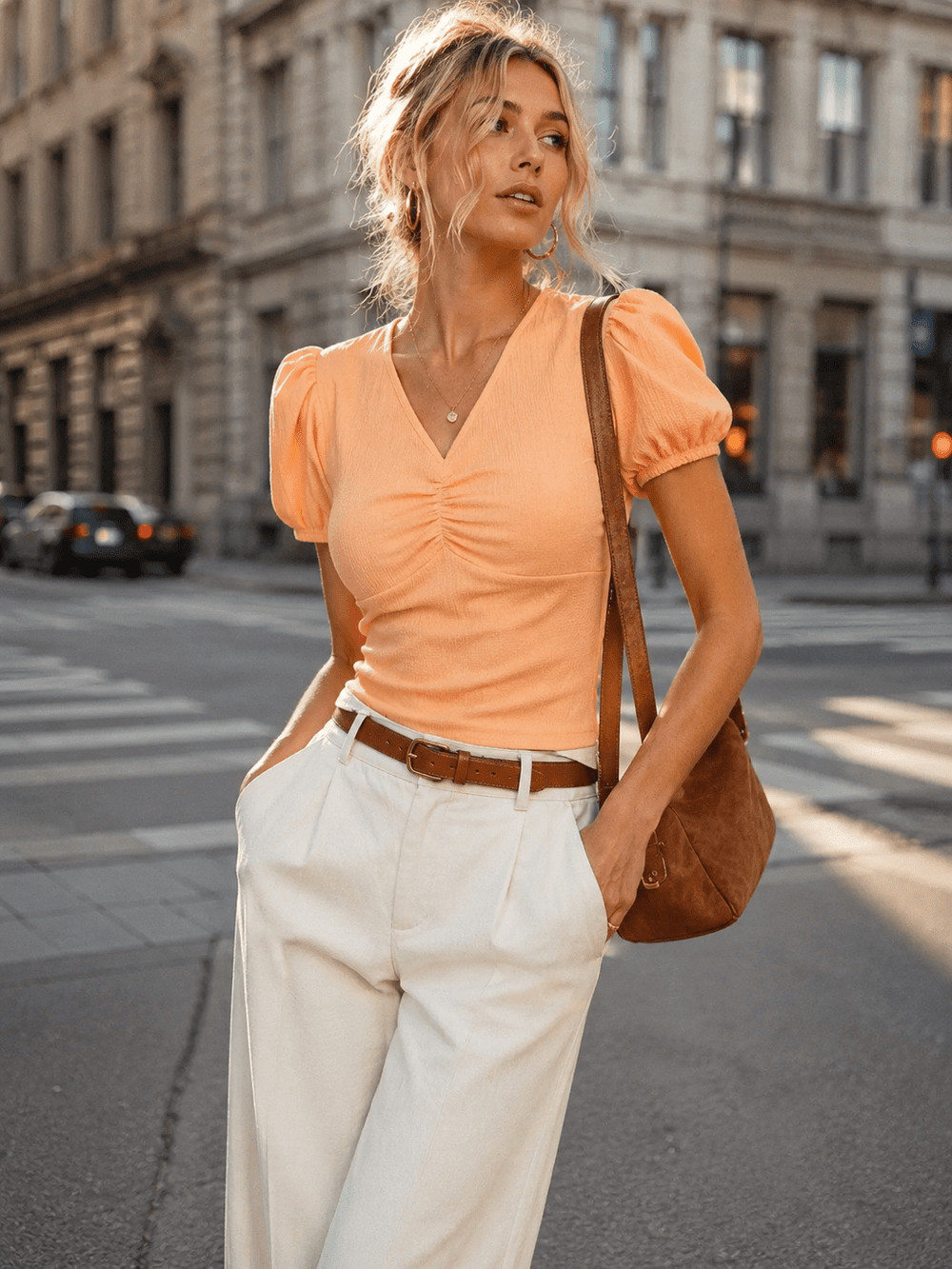 WOMEN'S SHORT PUFF SLEEVE V-NECK RUCHING FRONT TOP