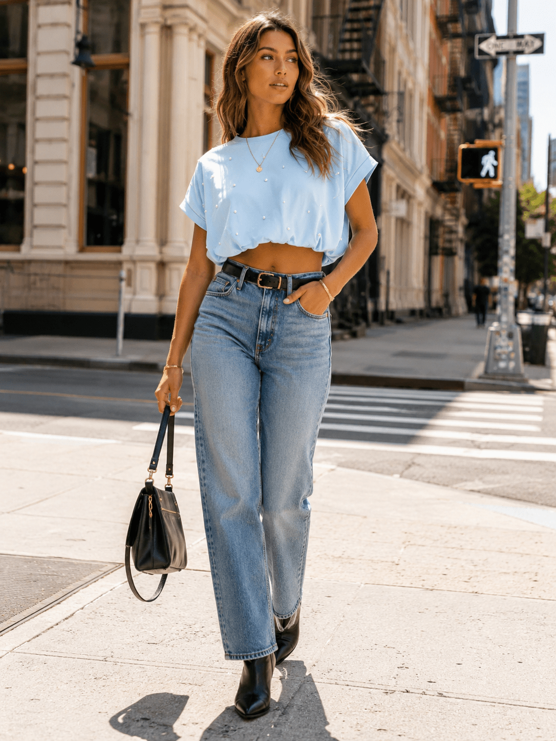 WOMEN'S SHORT SLEEVE BUBBLE HEM PEARL DETAILED TOP