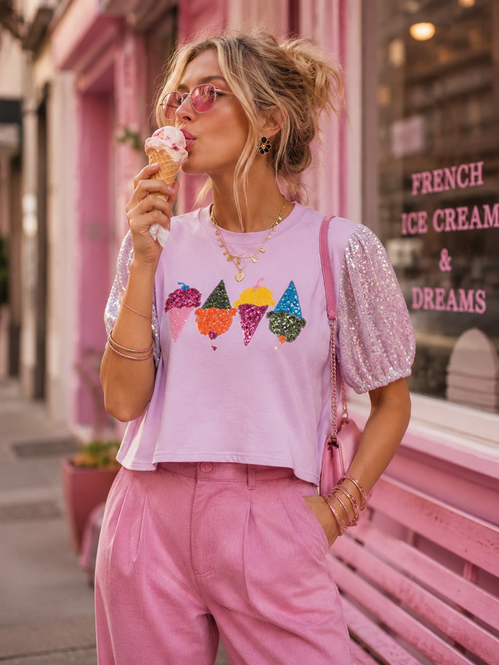 WOMEN'S SHORT PUFF SLEEVE SEQUINS ICE CREAM TOP