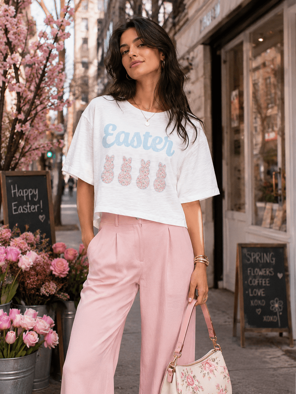 WOMEN'S SHORT SLEEVE EASTER PRINT BASIC SHIRT