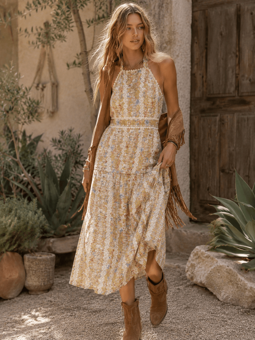 JUST ME WOMEN'S SLEEVELESS HALTER NECK SMOCK FLORAL EMBROIDERY MAXI DRESS