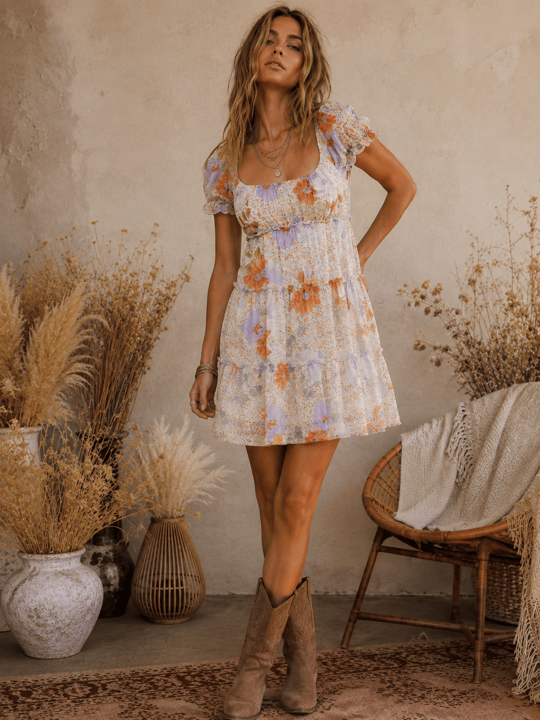 WOMEN'S SHORT SLEEVE SMOCK TIERED ELASTIC WAIST FLORAL MINI DRESS