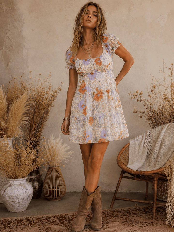 WOMEN'S SHORT SLEEVE SMOCK TIERED ELASTIC WAIST FLORAL MINI DRESS