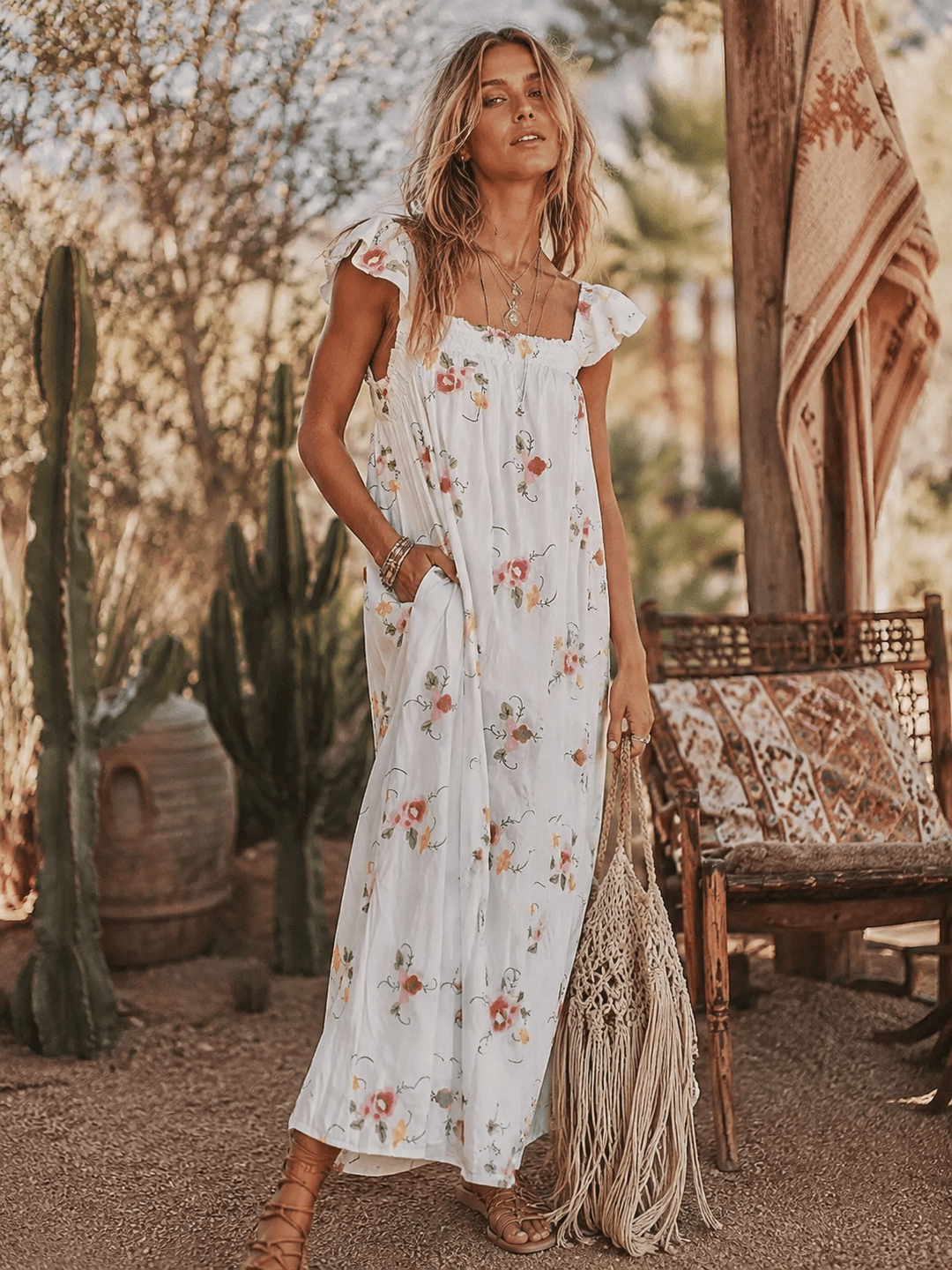 JUST ME WOMEN'S SLEEVELESS SQUARE NECK FRONT POCKETS FLORAL EMBROIDERY MAXI DRESS