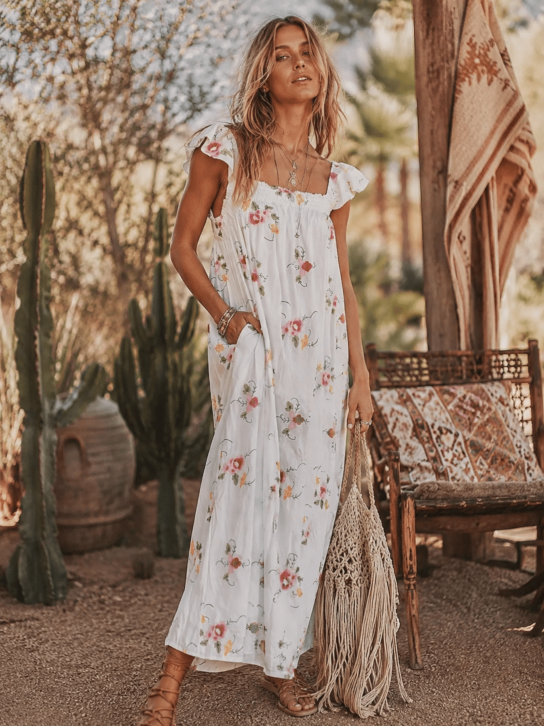 JUST ME WOMEN'S SLEEVELESS SQUARE NECK FRONT POCKETS FLORAL EMBROIDERY MAXI DRESS