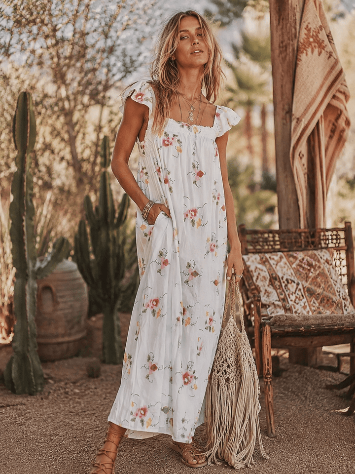 JUST ME WOMEN'S SLEEVELESS SQUARE NECK FRONT POCKETS FLORAL EMBROIDERY MAXI DRESS
