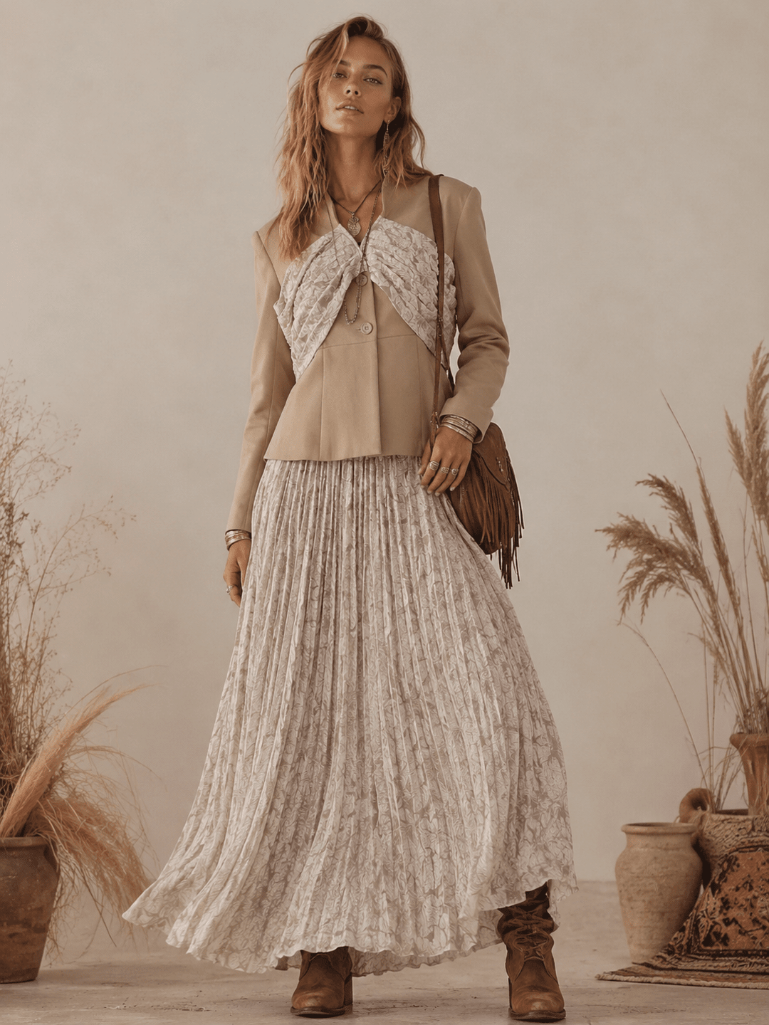 WOMEN'S LONG SLEEVE BLAZER & ELASTIC WAIST MAXI SKIRT FLORAL PLEATED 2PC. SET