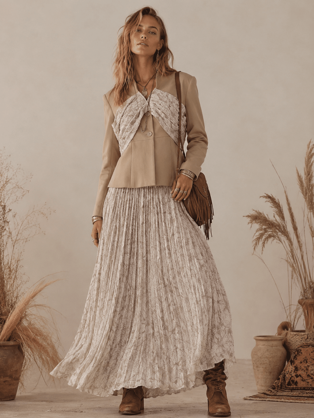 WOMEN'S LONG SLEEVE BLAZER & ELASTIC WAIST MAXI SKIRT FLORAL PLEATED 2PC. SET