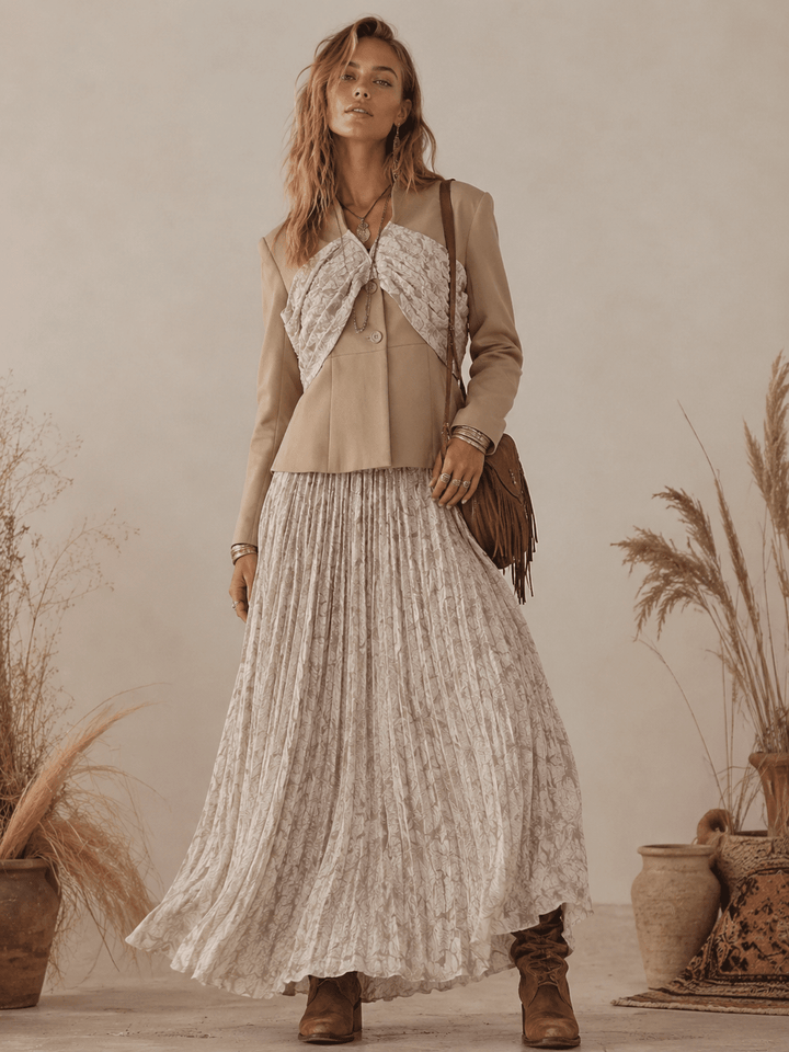 WOMEN'S LONG SLEEVE BLAZER & ELASTIC WAIST MAXI SKIRT FLORAL PLEATED 2PC. SET
