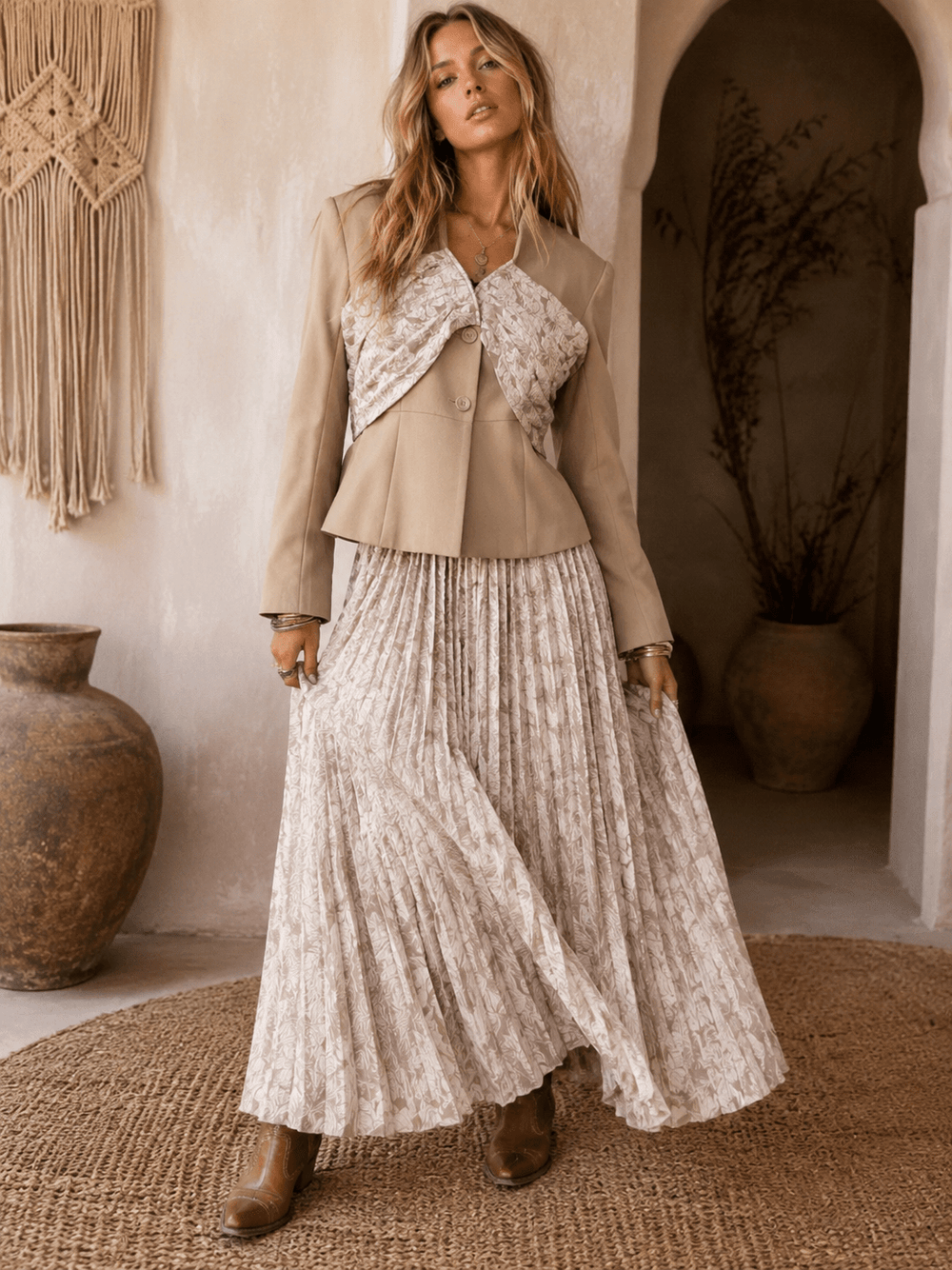 WOMEN'S LONG SLEEVE BLAZER & ELASTIC WAIST MAXI SKIRT FLORAL PLEATED 2PC. SET