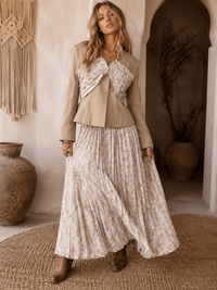WOMEN'S LONG SLEEVE BLAZER & ELASTIC WAIST MAXI SKIRT FLORAL PLEATED 2PC. SET