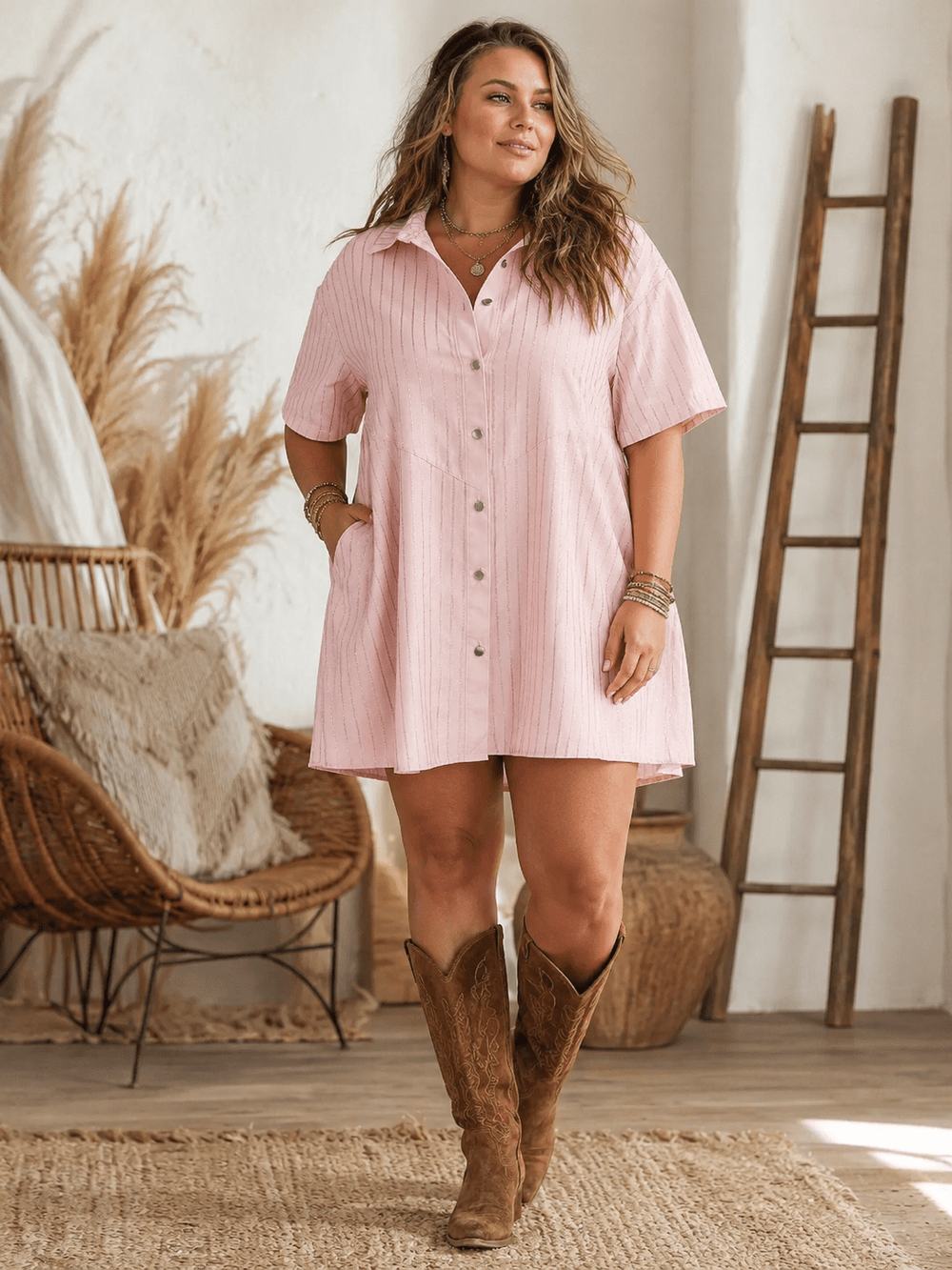 PLUS SIZE SHORT SLEEVE BUTTON UP SHIMMER STRIPES LOOSE FIT MINI DRESS