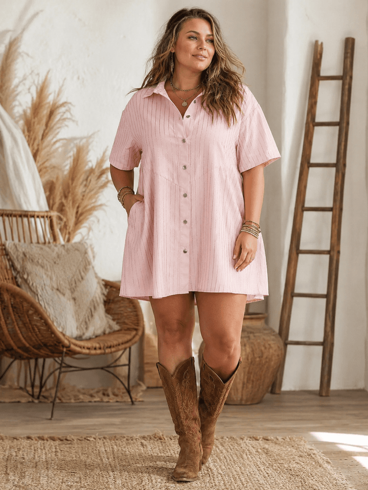 PLUS SIZE SHORT SLEEVE BUTTON UP SHIMMER STRIPES LOOSE FIT MINI DRESS