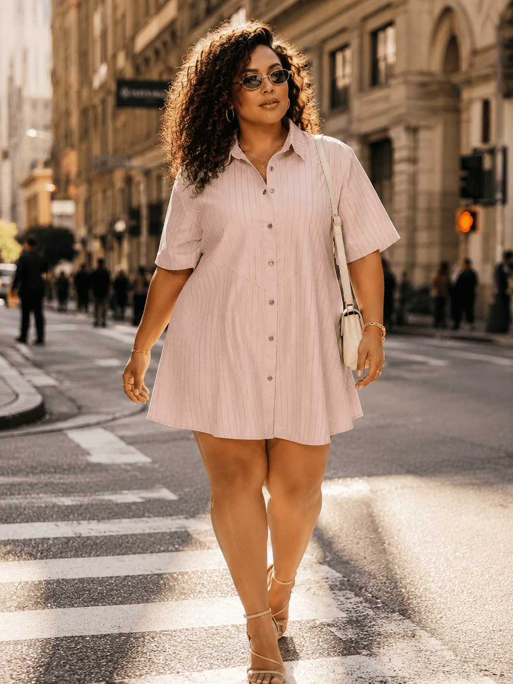 PLUS SIZE SHORT SLEEVE BUTTON UP SHIMMER STRIPES LOOSE FIT MINI DRESS
