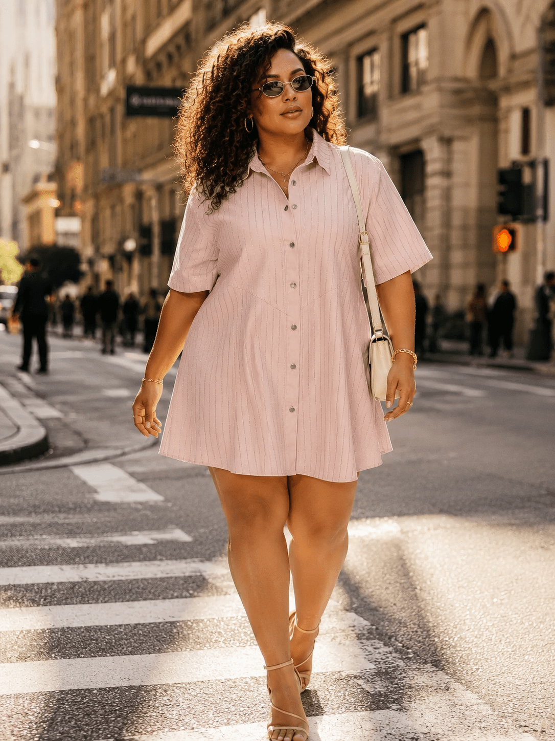 PLUS SIZE SHORT SLEEVE BUTTON UP SHIMMER STRIPES LOOSE FIT MINI DRESS