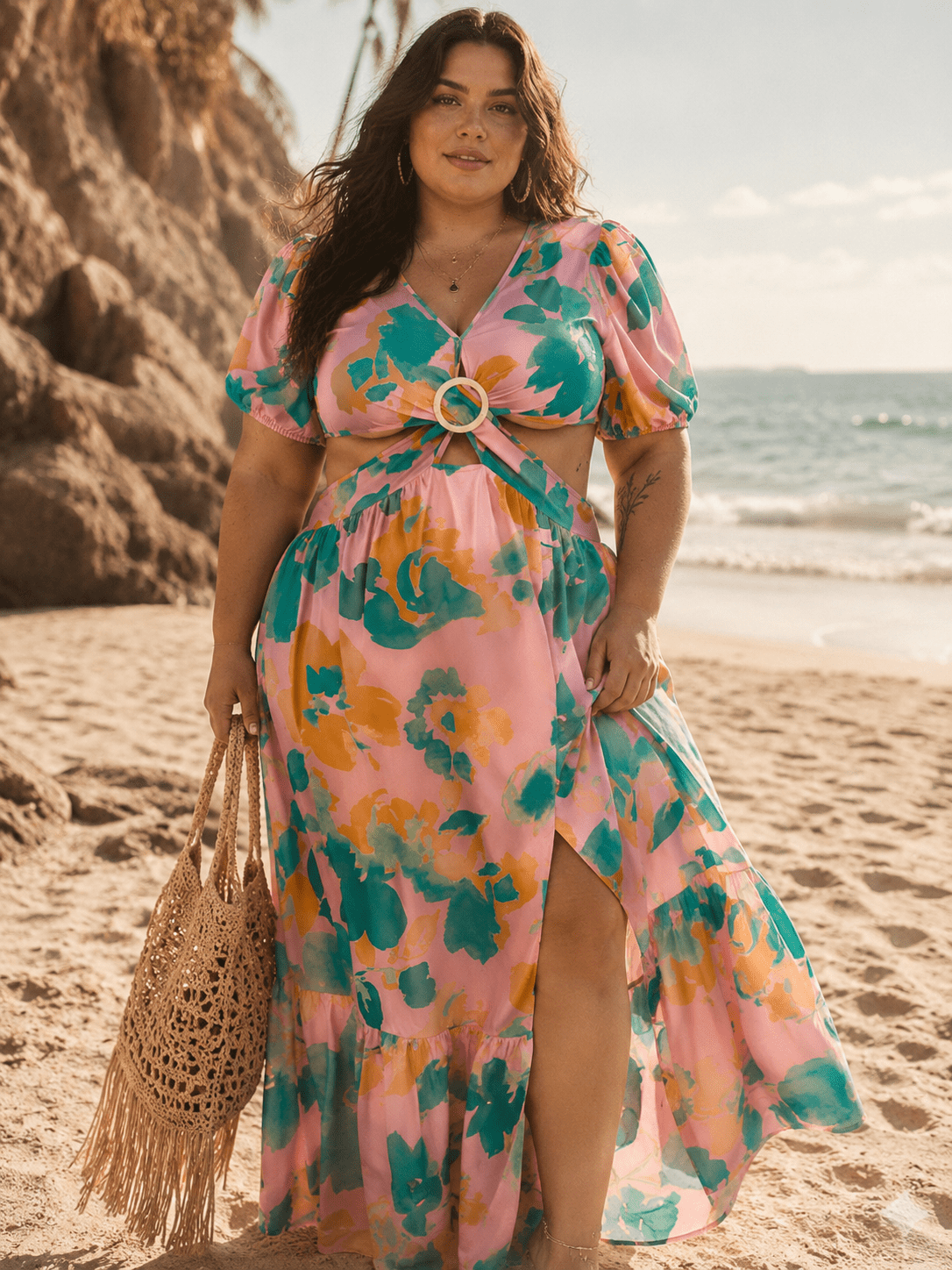 PLUS SIZE SHORT SLEEVE V-NECK CUT OUT SIDE SLIT FLORAL MAXI DRESS