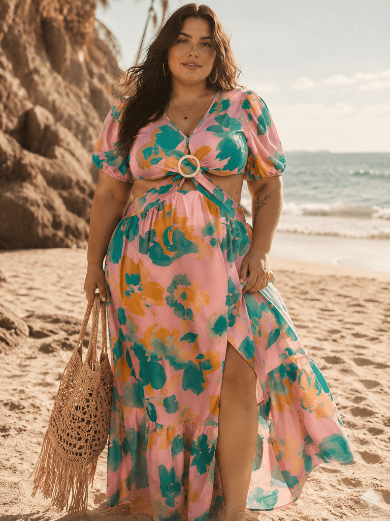 PLUS SIZE SHORT SLEEVE V-NECK CUT OUT SIDE SLIT FLORAL MAXI DRESS