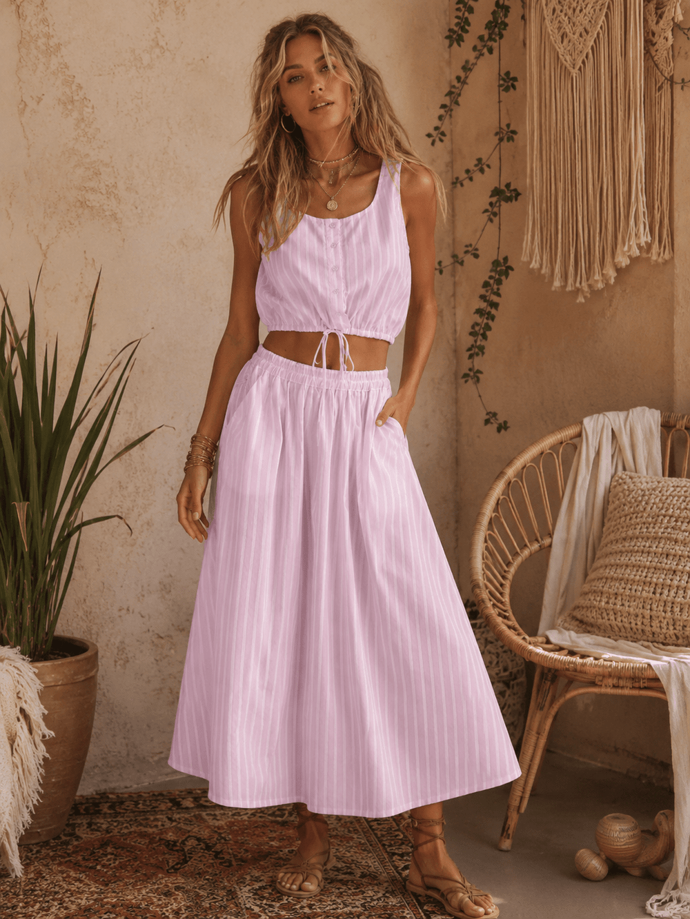 WOMEN'S SLEEVELESS CROP TOP & ELASTIC WAIST MAXI SKIRT STRIPES 2PC. SET