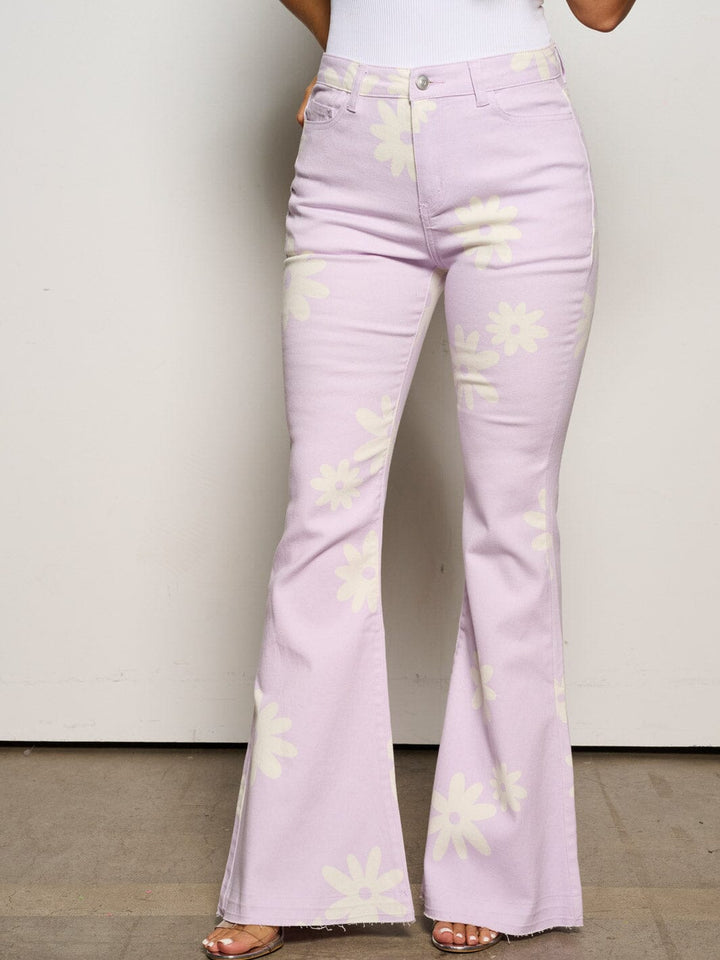 WOMEN'S BUTTON CLOSURE POCKETS FLOWERS BELL LEGS DENIM PANTS