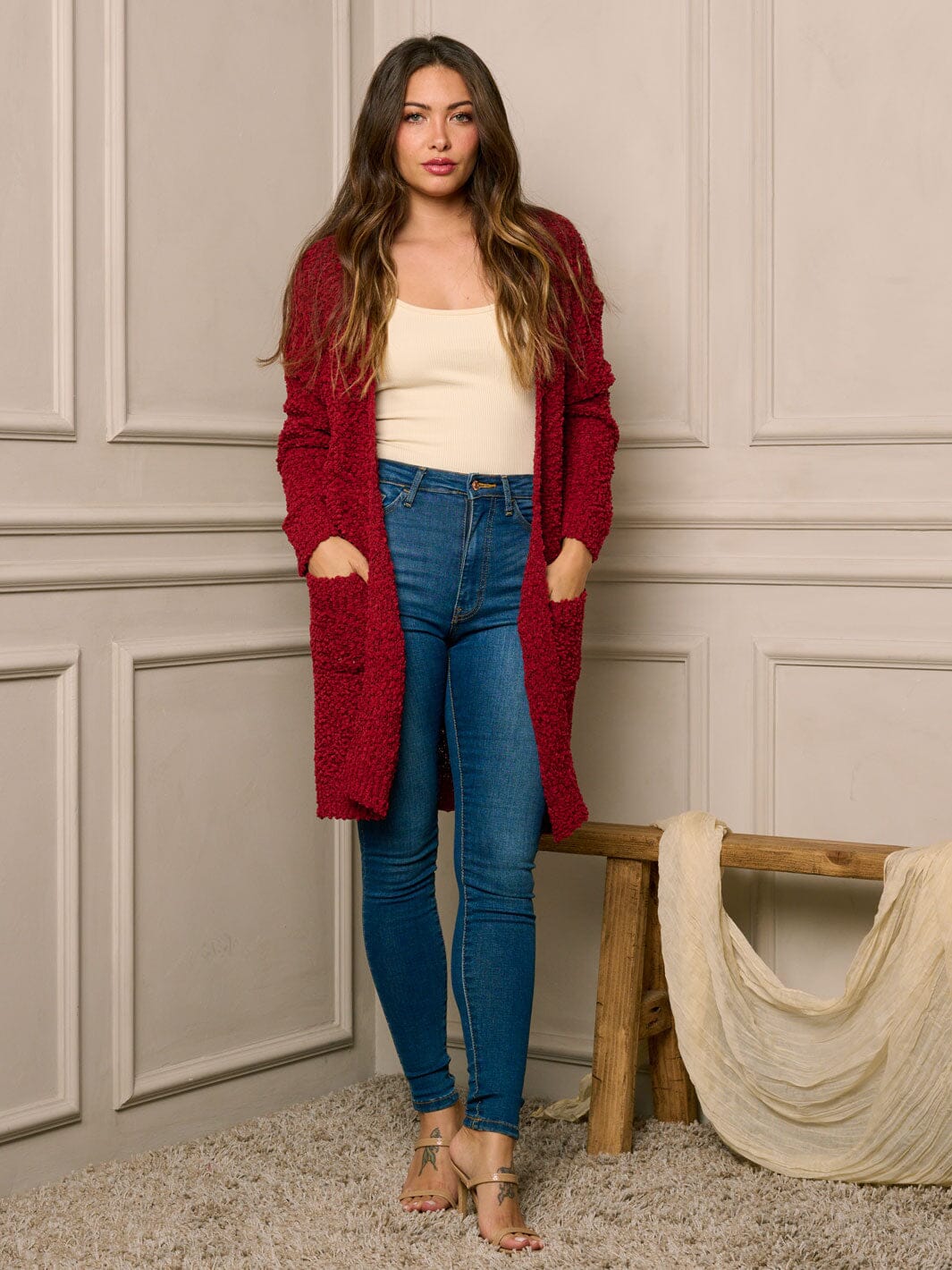 WOMEN'S LONG SLEEVE OPEN FRONT POCKETS CARDIGAN