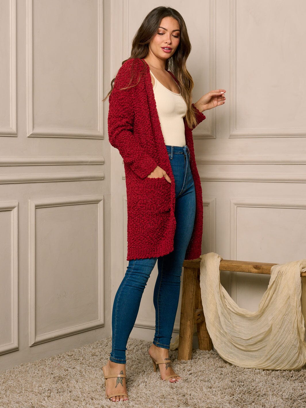 WOMEN'S LONG SLEEVE OPEN FRONT POCKETS CARDIGAN